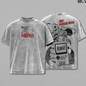 Saitama x King One Punch Man T-Shirt Acid Wash Vintage Oversize Unisex Heavy Cotton Menswear Top Anime Manga Graphic Tee Washed Double Printed Retro Streetwear 8QF