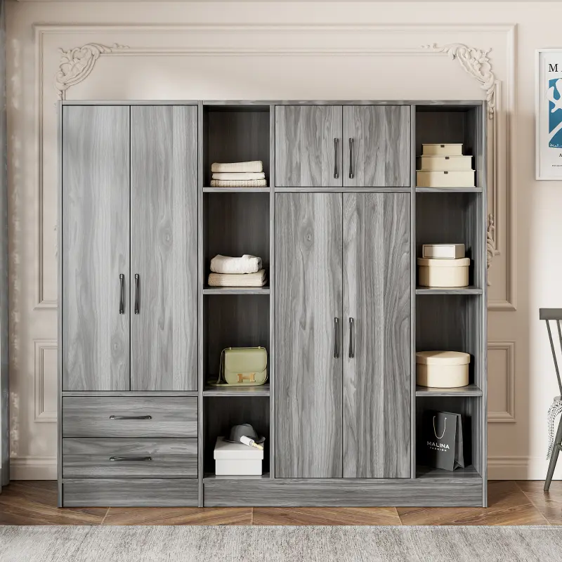 6-Door Wardrobe with shelves and drawers Gray