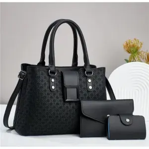 First Lady 3-Piece Textured Bag with Top Handle, Front Pocket & Side Pouch in Black