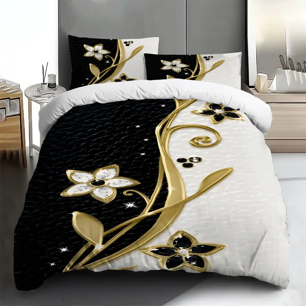 Three-piece bedding set - 2pcs/3pcs 2D Flat black, gold and white floral vine pattern duvet cover set (1 duvet cover + 1/2 pillowcases, no insert), multi-color printed bedding set, soft and comfortable, suitable for family bedrooms and guest rooms.