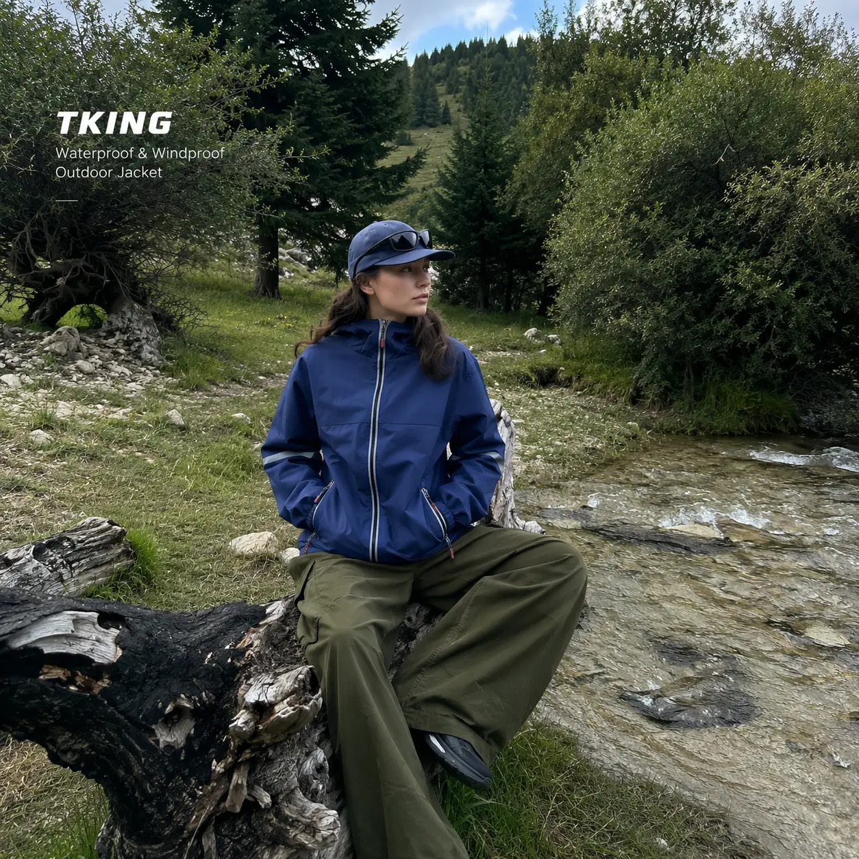 Waterproof Windproof Hooded Down Jacket, TKING&CO, Lightweight Warm Full Zip Outdoor Coat with Reflective Trim, Zipper Pockets, Adjustable Hood for Hiking, Camping, Travel, Windbreaker, Fall Winter Outdoor Wear, Multiple Colors, Cold Weather Coat