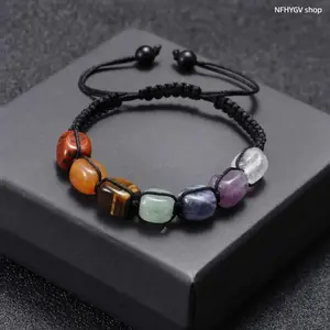Bracelets, Unisex Seven Chakra Natural Stone Adjustable Cord Bracelets With Amethyst Inlay, Spiritual Healing Beaded Jewelry For Daily Casual Wear