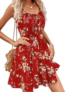A women's elegant Boho printed sleeveless pullover dress with elastic waist and spaghetti straps, suitable for summer, vacation, daily outings, an