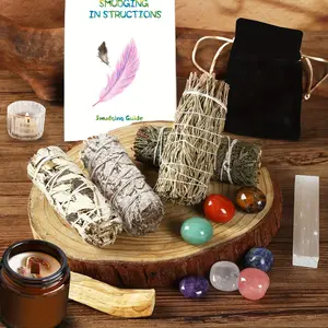 Complete Smudge Wand Gift Set with 4 Sage Bundles, Palo Santo Stick, 7 Chakra Crystals & Selenite Wand, Space Cleansing Kit with Guide, Ideal for Teacher Appreciation, Home Decor & Spiritual Gifting