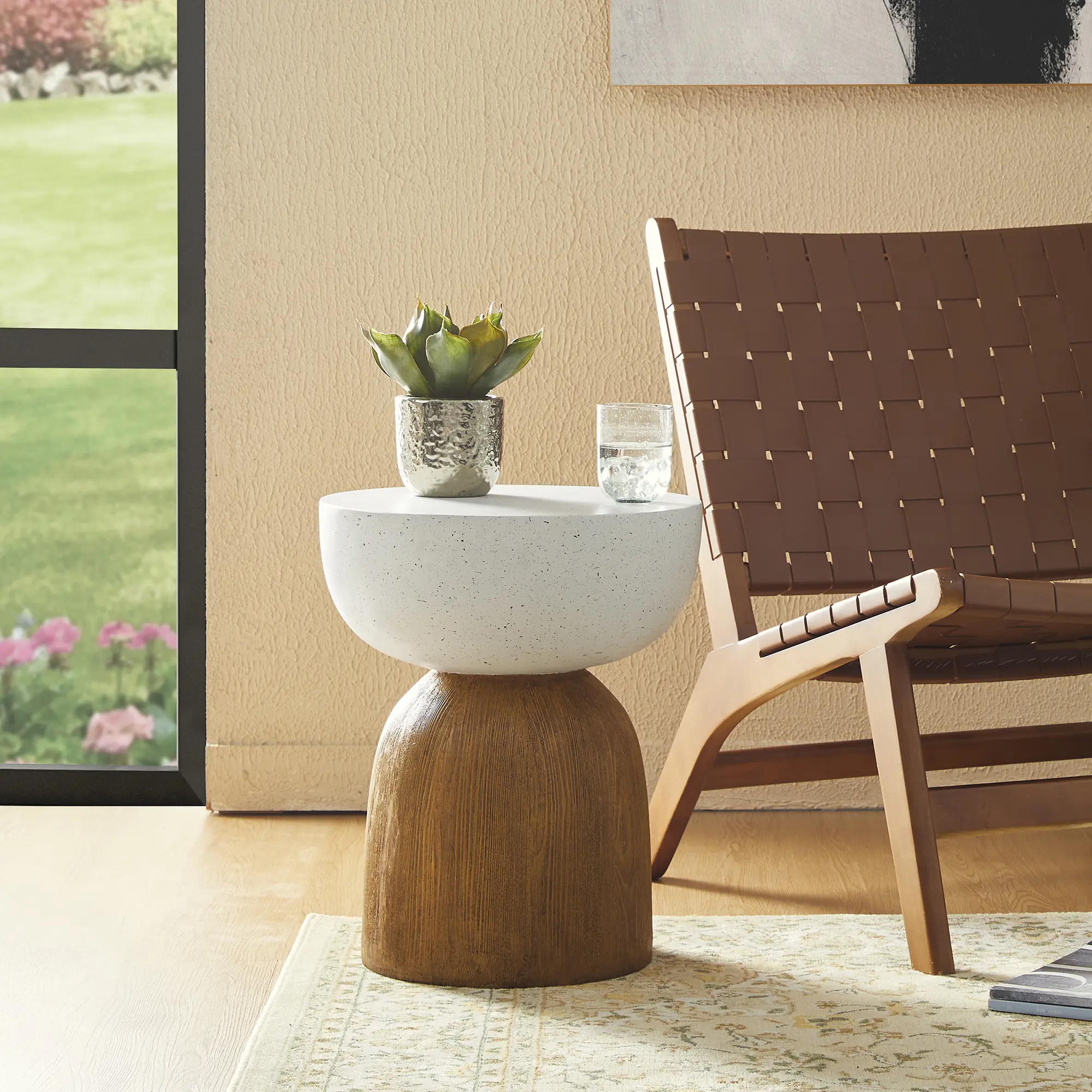 Glitzhome 18.25"H Cylindrical Multi-Use MGO Blend Geometric Faux Terrazzo & Wood Texture Fiberglass Garden Stool-Table, Planter/Seat, 220 lbs Capacity, Easy to Clean Home/Garden Accent Piece