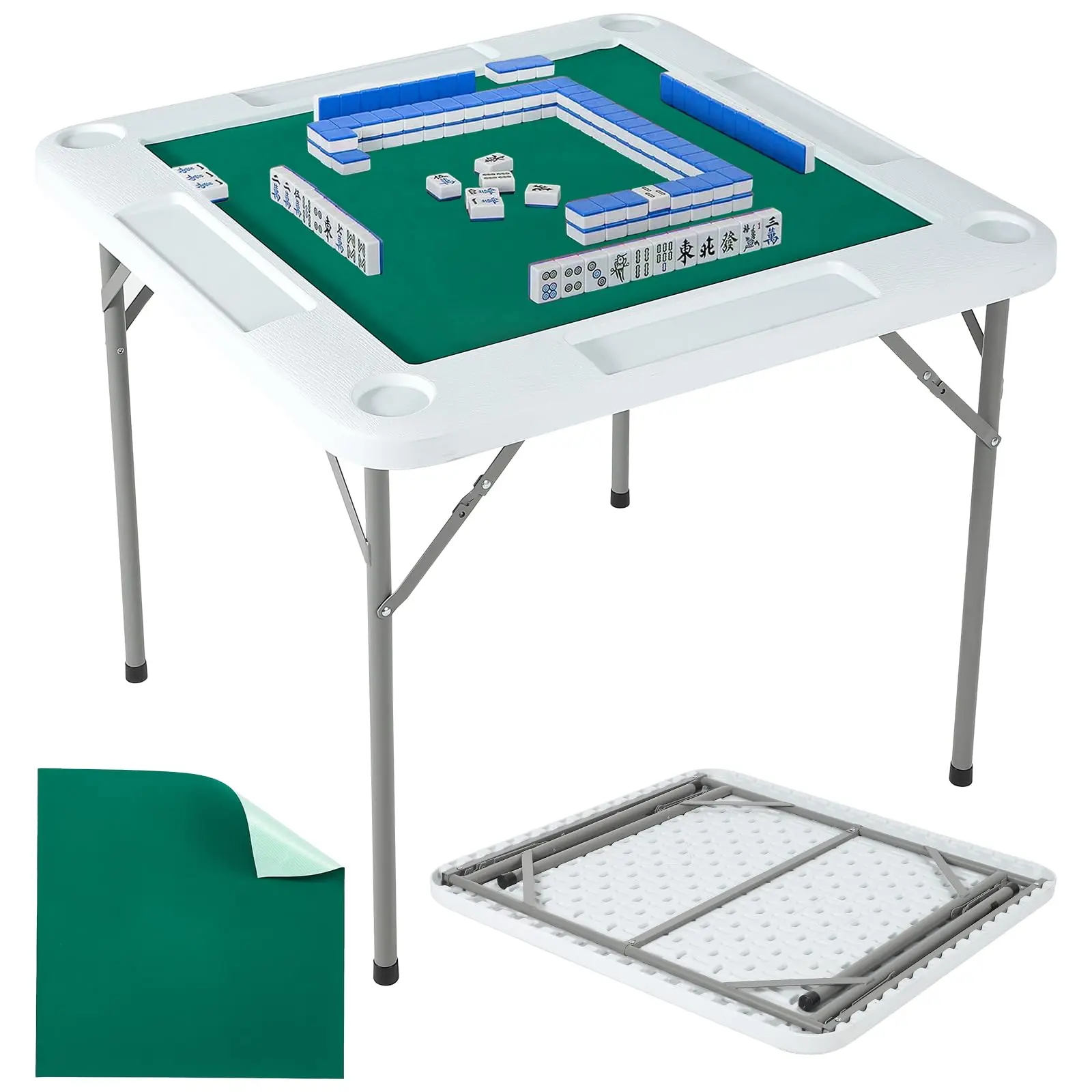 Mahjong Table 35.4 x 35.4-inch, 4 Player Folding Domino Table with Wear-Resistant Green Tabletop, Portable Square Card Desk with Cup Holders & Chip Trays for Mahjong Poker Puzzles