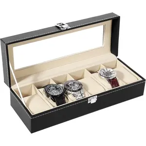 Watch Box, 6 Slots Watch Case, Watch Box Organizer Jewelry Storage with Large Glass Lid, Watch Display Case, Watch Box for Men & Women
