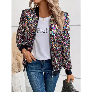 Elegant Sequin-Adorned Jacket for Women - Chic Zip-Up Bomber Style with Baseball Collar, Long Sleeves, and Colorful Dot Pattern - Perfect for Spring/Fall, Non-Stretch Polyester Fabric