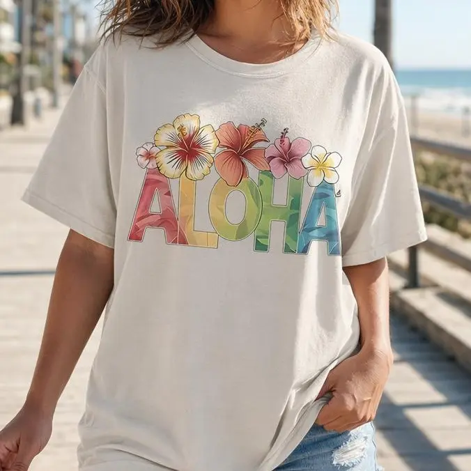 Aloha Tropical Graphic Tee Women Hawaiian Vacation Shirt Hibiscus Beach Top