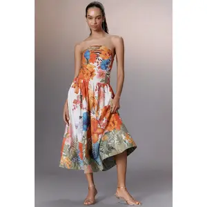 Anthropologie Maeve Strapless Tiger Printed Midi Dress MEDIUM Orange