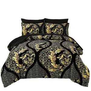 7 Pieces Black Gold Boho Comforter Set Queen King Size, Bohemian Leaves Comforter Set Soft Lightweight Microfiber Bedding Set for All Season