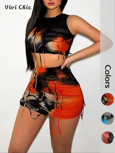 Two-Piece Set Women's Tie Dye Print Crop Tank Top & Skirt, Sleeveless Top & Bodycon Skirt, Casual Summer Clothes Set for Ladies Outdoor Holiday, Womenswear
