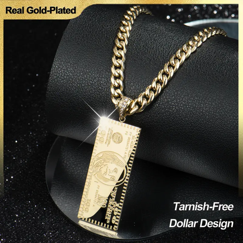 Holylegend 14K Real Gold-Plated Dollar Pendant Necklace, Double-Sided Mini Money Design with Iced Connector, 24" Cuban Chain, Hip Hop Jewelry Gift for Streetwear Lovers,Father's Day Gift