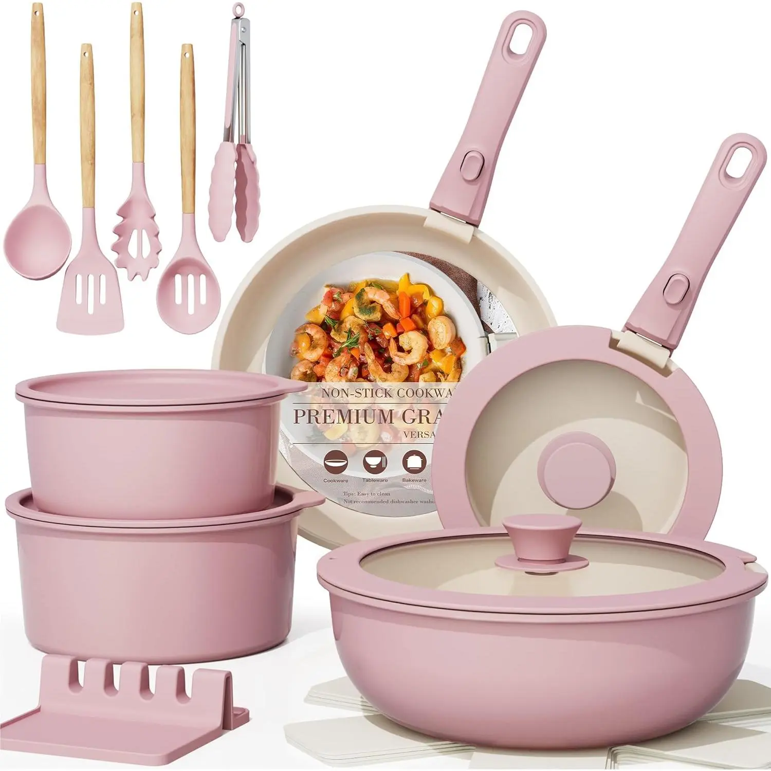 Blush Pink 21-Piece Non-Stick Ceramic Cookware Set - Detachable Handles, Oven Safe, Induction Ready, Stackable Round Pans, RV Kitchen Essentials