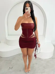 Women's Sexy Street Style Two-Piece Set,PU Leather & Mesh Bandeau Asymmetrical Crop Tube Top. Hollow-Out Buckle Side-Draped Bodycon Mini Skirt for Club and Rave Outfits.