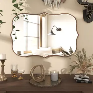 SHYFOY Antique Gold Mirrors for Wall Decor Decorative Wall Mirror, Asymmetrical Wavy Accent Mirror with Scalloped Wood Frame, Retro Wooden