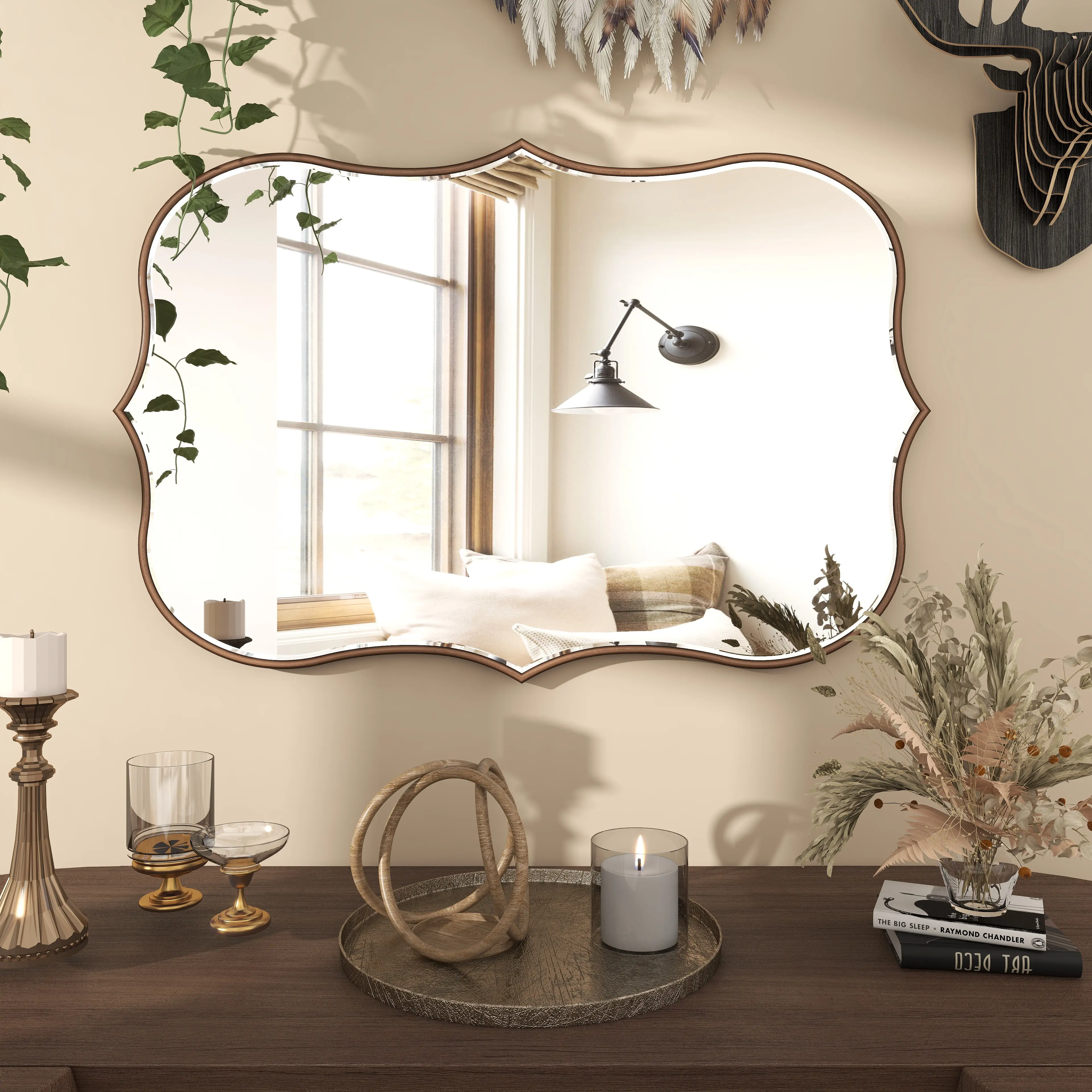 SHYFOY Antique Gold Mirrors for Wall Decor Decorative Wall Mirror, Asymmetrical Wavy Accent Mirror with Scalloped Wood Frame, Retro Wooden
