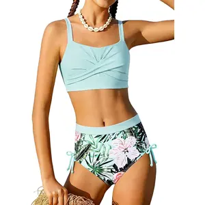 Girls Two Piece Bikini Hawaiian High Waist Swimsuit Set Teen Bathing Suit for Beach Pool Vacation Summer(Gift)