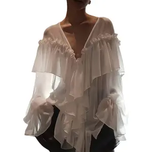 Women's Basic Plain Polyester V-Neck Chiffon Blouse - Loose, Semi-Transparent, Solid Color, Ruffled Sleeve Top, Summer & Autumn Beach Cover-Up, Suitable for Outdoor Excursions