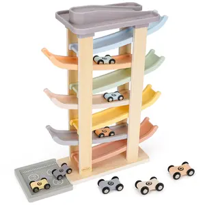 Joyreal Montessori Toddler Toys for 1 2 3 Year Old - 7 Level Wooden Car Ramp Racer Toys with 8 Mini Cars & 2 Garages - Christmas Birthday Gifts for Boys and Girls