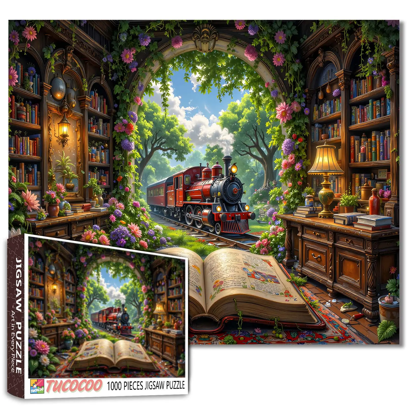 Tucocoo Enchanted Library Train 1000 Pieces Creative Jigsaw Puzzle Vintage Steam Locomotive Blooming Book Room Fantasy Garden Artwork for Adults, Family Game Night, Stress Relief, Brain Challenge, Wall Decor Gift, 27.5x20inch(70x50cm)