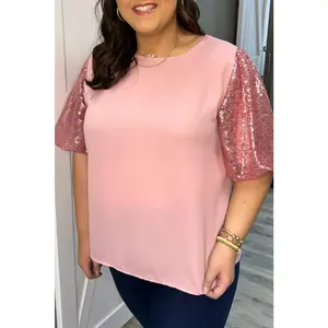 Pink Contrast Sequin Sleeve Plus Size T-shirt