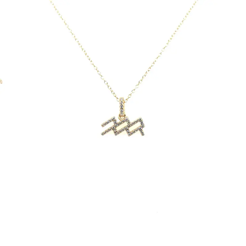 Sterling Silver Aquarius Symbol Necklace Set With CZ’s Including Charm And Chain