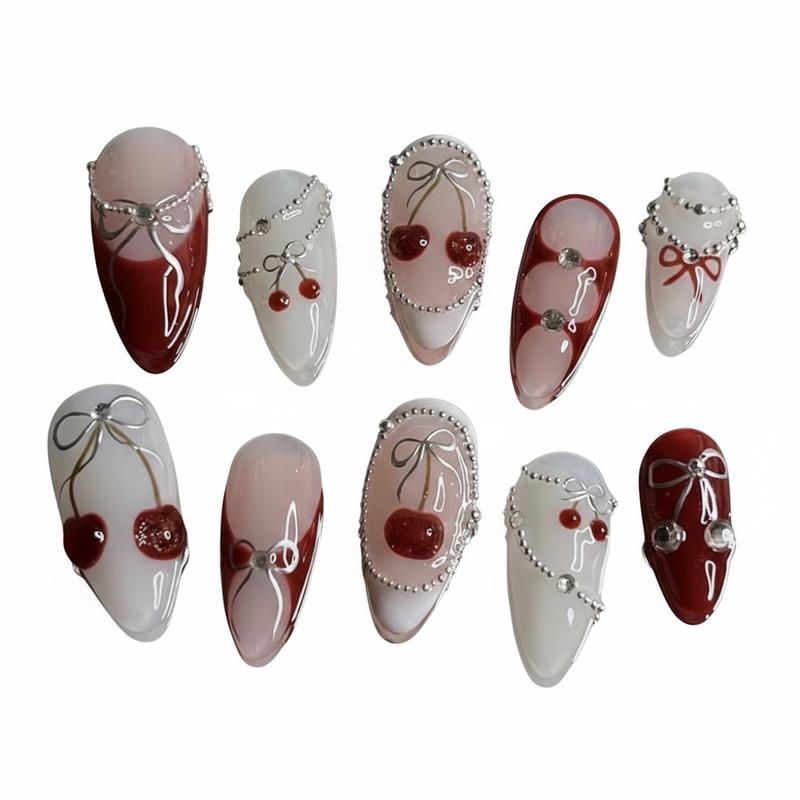 Cherry Bow Press On Nails Nail Box, white & blush almond set with 3D cherries, silver bow lines, rhinestone accents, reusable gel, fit for women, ideal Valentine gift