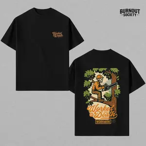 Worked to Death Chainsaw Shirt with Lumberjack Tree Cutter Cartoon Back Print, 2 Sides Graphic Tee, Soft Cotton Blend Shirt, Funny Blue Collar Workwear for Tree Service Crews and Logging Workers, Gift for Men and Women