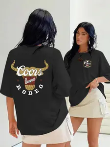 Women's Bull Head Print Round Neck Tee, Vintage Trendy Casual Short Sleeve T-shirt for Daily Wear, Ladies Summer Outfit, Top