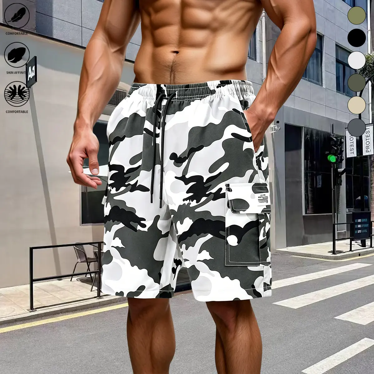 Men’s camouflage cargo shorts — summer loose quick-dry shorts suitable for casual wear, the beach, outdoor activities, and everyday outings; casual cargo shorts with drawstring and multiple pockets, featuring a tropical camouflage print.