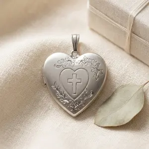 Women's 925 Sterling Silver 25mm Heart Locket Pendant Necklace - Hand-Engraved Floral Cross Locket, Vintage Keepsake Photo Jewelry, Religious Faith Gift