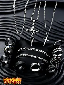 Punk Style Stainless Steel Matching Jewelry Set, Accessories for Men, Fashion Cross Pendant Necklace & Chain Bracelet & Ring Jewelry for Party, Daily Clothing Decor, Trendy All-match & Exquisite Jewelry for Birthday Gift