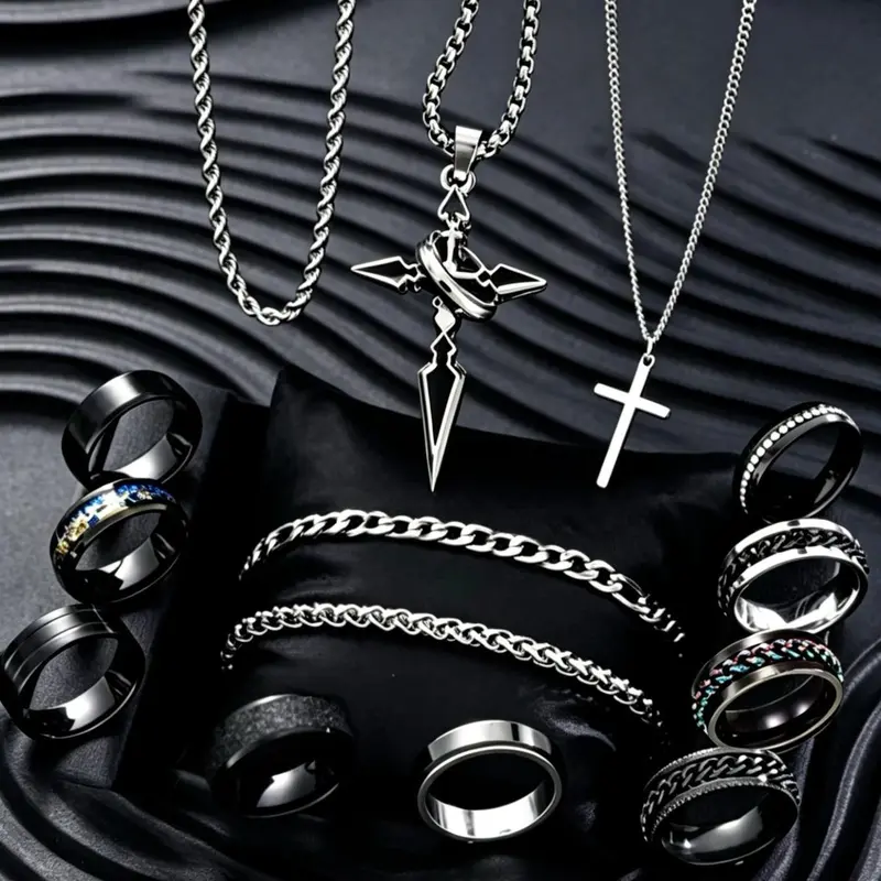 Men's Punk Style Stainless Steel, Cross Pendant Necklace, Chain Bracelet and Ring, Jewelry Gift Set, for Party and Daily Wear, Trendy Birthday Gift