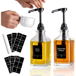 2-Pack 16oz Glass Coffee Syrup Dispenser Bottles, Empty Square Dispenser for Coffee Bar with 1/4oz Pump - Kit Includes 36 Labels & Marker