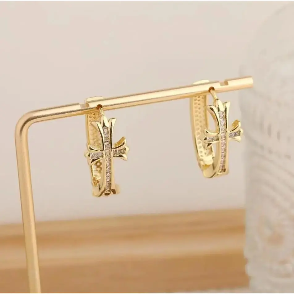 Women's Zircon Cross Hoop Earrings - 2025 Chic European Style, Elegant Minimalist Costume Jewelry with Crystal Accents, Mother's Day Gift Option