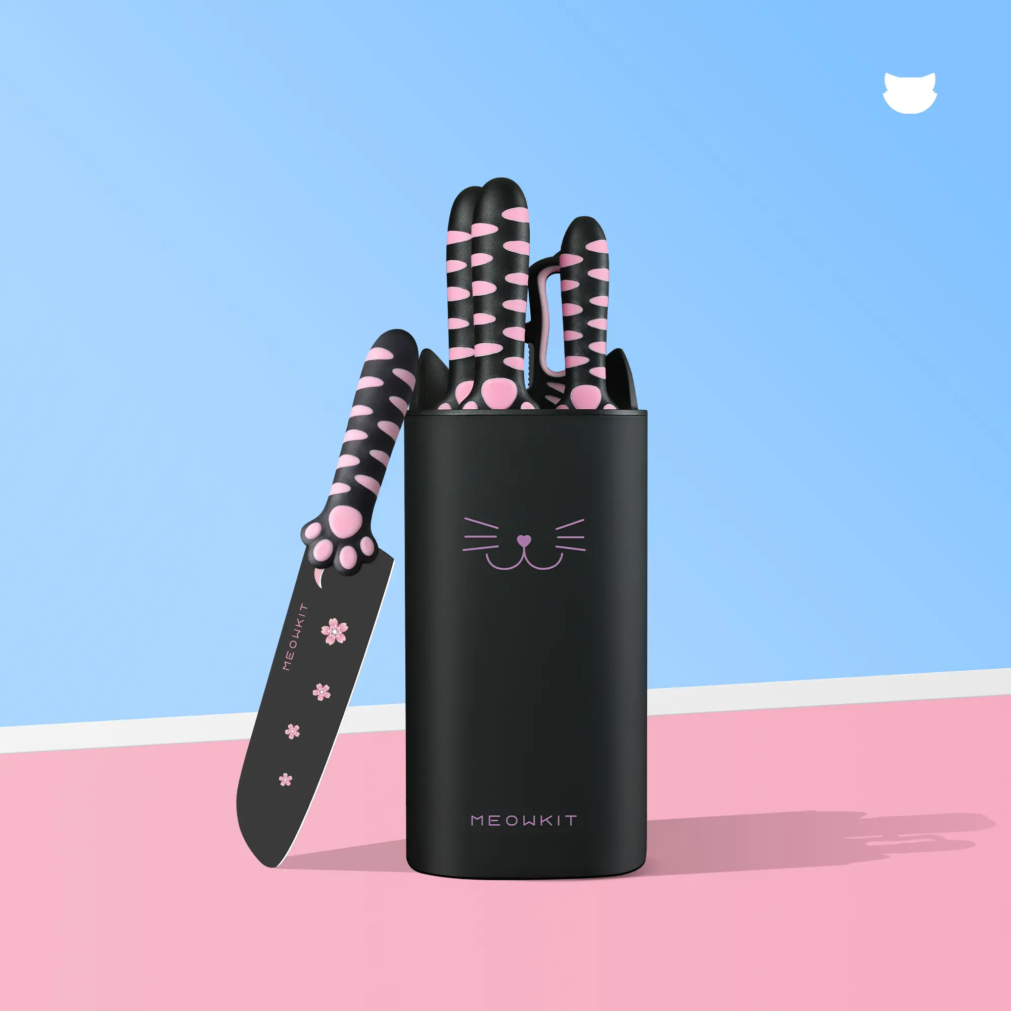 MEOWKIT 5-Piece Knife Set with Knife Block | Cute Non-Stick Kitchen Knives