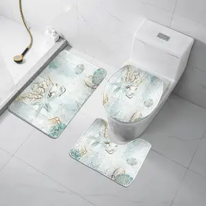 3pc Oil Starfish-Shell Faux-Cashmere 100% Polyester BATH MAT COMBO: lid sleeve+foot U-pad+anti-slip square rug, toilet light absorb light slip-safe, fold-hook dry-fast coastal vintage vibe