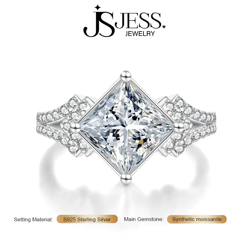 【Vivienne】3Carat 8mm DE Color VVS1 Princess Cut Moissanite Engagement Ring, S925 Sterling Silver Wedding Band for Women