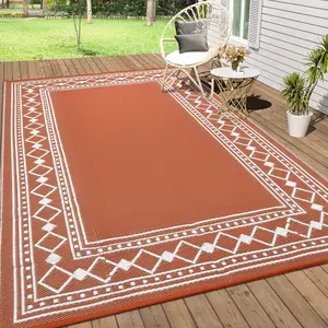 GAOMON Outdoor Rug 8x10 for Patios Clearance,Waterproof Mat,Large Outside Carpet,Reversible Plastic Straw Camping Rugs,Porch,Deck,Balcony,Backyard,White/Terracotta