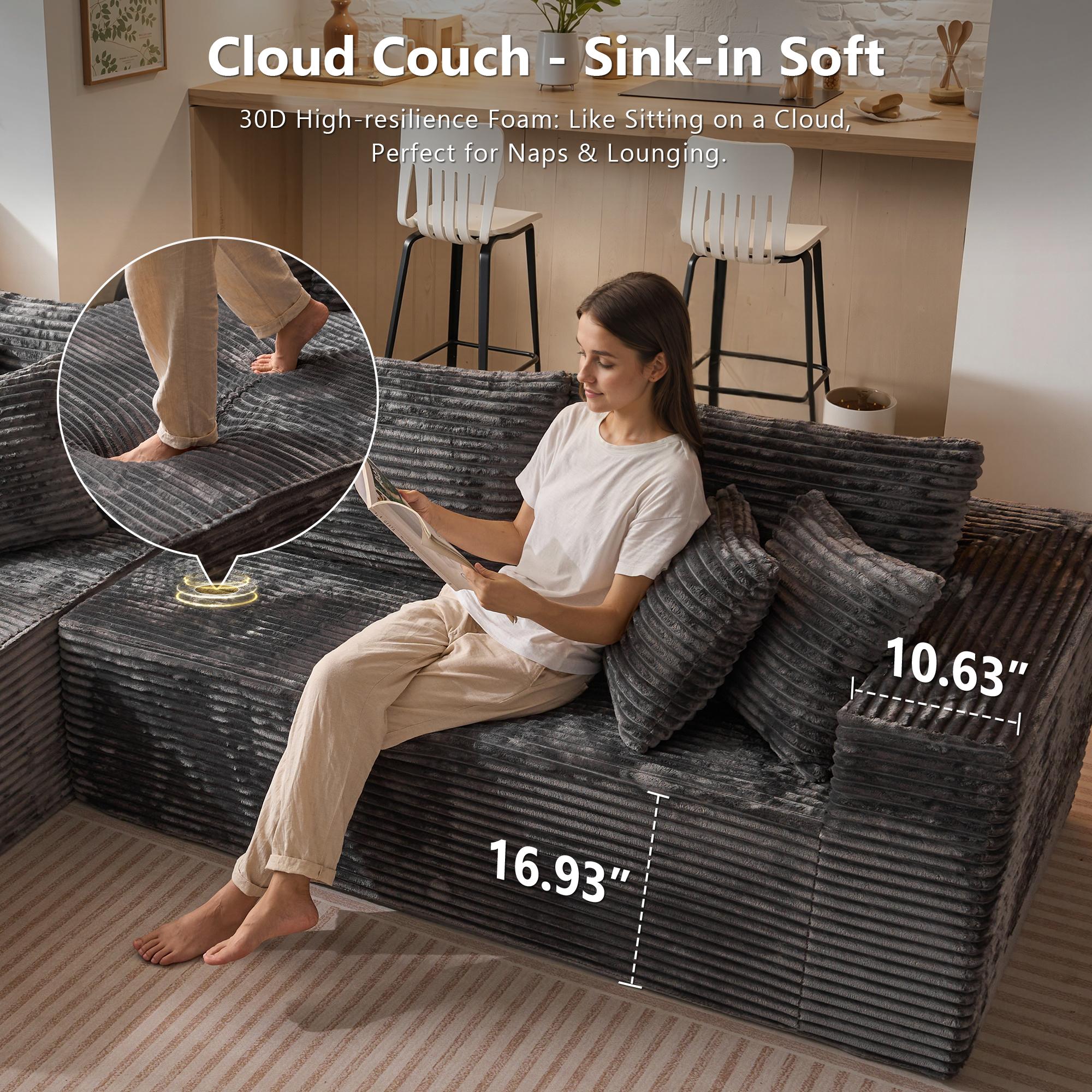 【Black Friday & Cyber Monday Deal】2 Packages Shipping OOSWIFT 108“ inches Plush Modern L-Shaped Cloud Sectional Sofa Corduroy Cloud Velvet Modular Couch with Chaise, No Assembly Required Sectional Sofa living room furniture