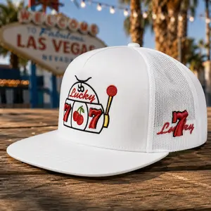 Lucky 777 Trucker Hat Embroidered White Snapback Mesh Cap, Casino Slot Machine Cherry Lucky Seven Flat Bill Hat