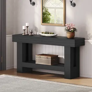 MAHANCRIS Modern Black Entryway Table with Storage, 63'' Long Farmhouse Console Table, 2-Tier Wood Sofa Table Behind Couch, with Grooved Design, for Living Room, Hallway, Corridor, Black
