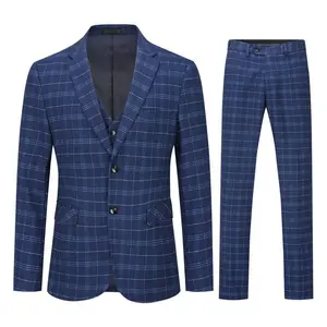 Men’s checked business suit three-piece set (top + vest + pants) - navy blue - 2583504 Long Sleeve Plaid Classic Checkered