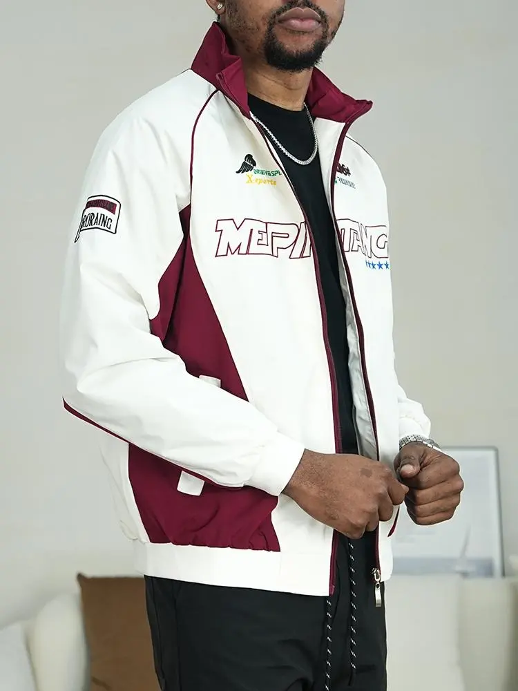 Menswear Racing Bomber Jacket with Graphic Patch Detail, a Warm Fleece Top with Stand Collar and Long Sleeves for a Sporty Casual Look, Tops, Longsleeves