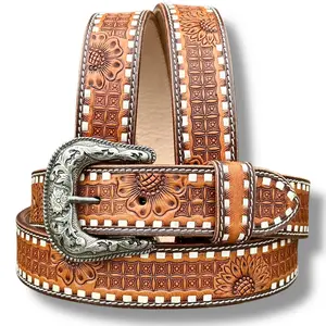 Y2K Vintage Style Belt Western Leather Belt Boho Western Belt for Men Full Grain One Piece Leather Y2K Vintage Cowboy 1.5" Wide Handmade Belt with Buckle Engraved Tooled Floral Western Leather Belt