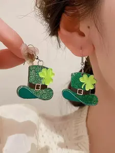 St Patrick's Day Theme Acrylic Earrings Set, Festive Design, Lucky Clover Cartoon Hat Dwarf Printed, Party Essential Jewelry