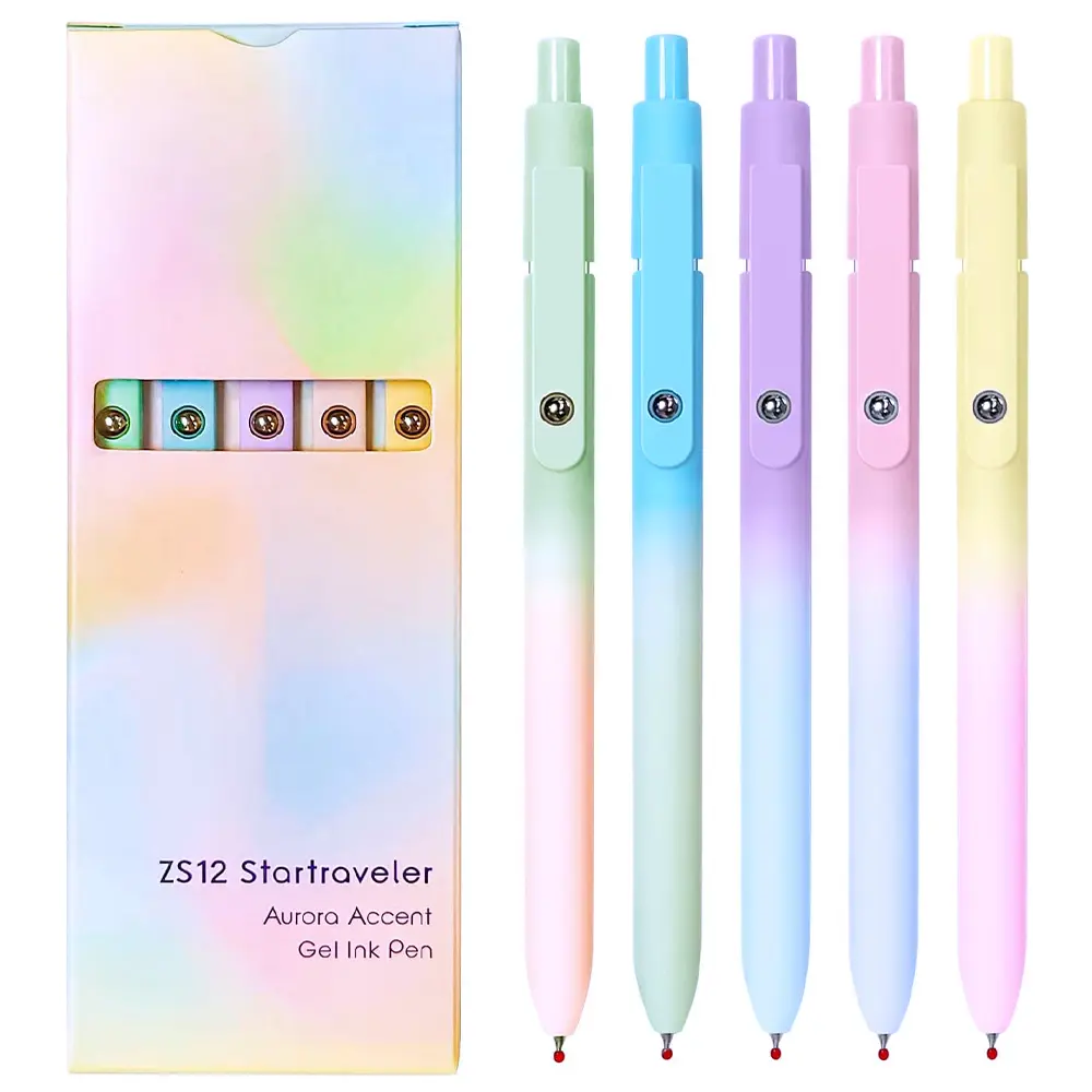 5 Pack Retractable Gel Pens Set, Quick Dry Black Ink Fine Point Soft Touch Roller Ball Gel Ink Pen for Smooth Writing (Aurora Color)