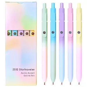 5 Pack Retractable Gel Pens Set, Quick Dry Black Ink Fine Point Soft Touch Roller Ball Gel Ink Pen for Smooth Writing (Aurora Color)