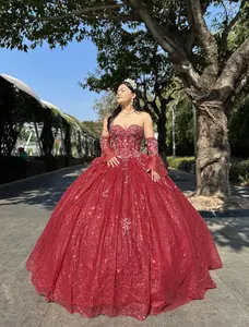 (LIVE 30) Quinceanera Ball Gown Dress Sequin Lace Strapless Design Embroidered Lace Sleeves Mexican Sweet 15